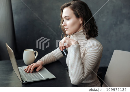 Young Woman's Online Shopping. Holding Credit Card and Using Laptop Computer. Young woman holding Young Woman's Online Shopping. Holding Credit Card and Using Laptop Computer. Young woman holding 109973123