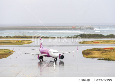 雨の空港　タキシング中の飛行機　沖縄県那覇市 109973499