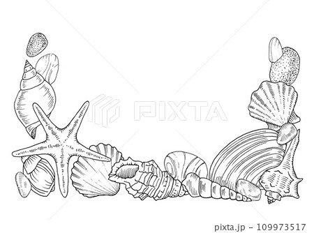 Sea bottom Frame border. Vector outline illustration of seashell and starfish. Hand drawn linear drawing on isolated background. Black contour line art of nautical greeting card template Sea bottom Frame border. Vector outline illustration of seashell and starfish. Hand drawn linear drawing on isolated background. Black contour line art of nautical greeting card template 109973517