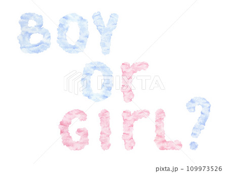 Boy or Girl. Watercolor illustration for prints at the Baby gender reveal party. Hand drawn on white isolated background. Drawing of cloud text for stickers and cards 109973526