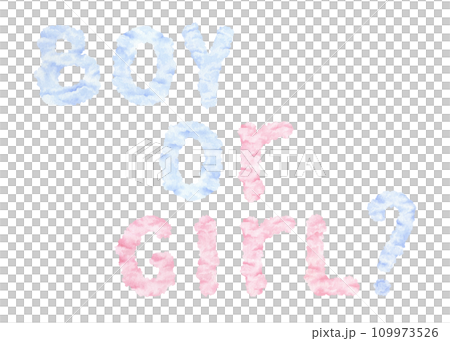 Boy or Girl. Watercolor illustration for prints at the Baby gender reveal party. Hand drawn on white isolated background. Drawing of cloud text for stickers and cards 109973526