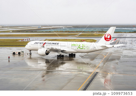 雨の空港　旅客機とトーイングトラクター　沖縄県那覇市 109973653
