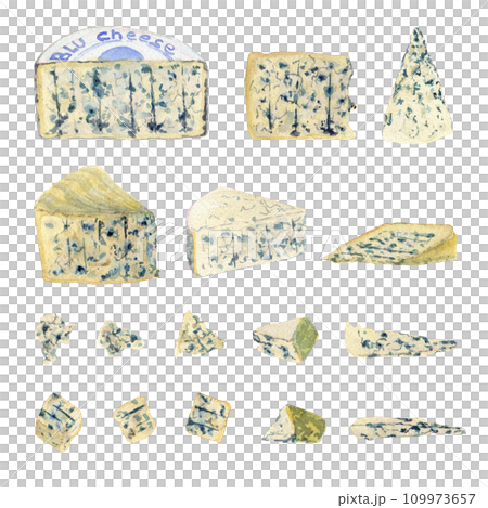 Various varieties of blue cheese, heads and pieces. Clipart. Watercolor, hand drawn art illustration isolated. For cards, handmade textiles, prints, menus, posters. 109973657