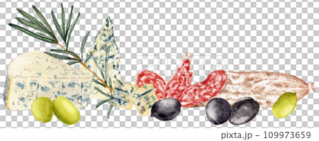 Various olives. Rosemary branch. Slices of sausage fuet with white mold. Varieties blue cheese. Clipart. Watercolor, art illustration isolated. For cards, menus, posters. 109973659