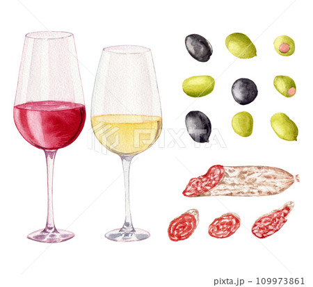 Two glasses with white and red wine. Various olives. Slices of sausage fuet with white mold. Clipart. Watercolor, hand drawn art illustration isolated. For cards, menus, posters. 109973861
