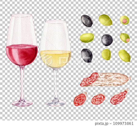 Two glasses with white and red wine. Various olives. Slices of sausage fuet with white mold. Clipart. Watercolor, hand drawn art illustration isolated. For cards, menus, posters. 109973861