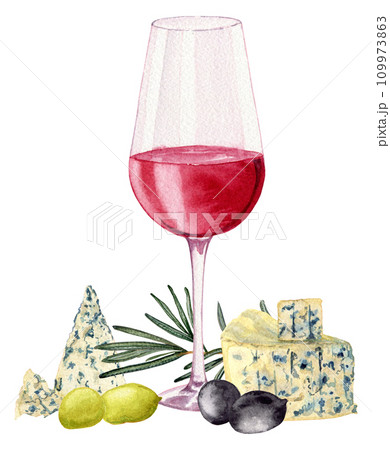 Glass with red wine. Various olives. Rosemary branch. Slices of sausage fuet with white mold. Varieties blue cheese. Clipart. Watercolor, art illustration isolated. For cards, menus, posters. Glass with red wine. Various olives. Rosemary branch. Slices of sausage fuet with white mold. Varieties blue cheese. Clipart. Watercolor, art illustration isolated. For cards, menus, posters. 109973863