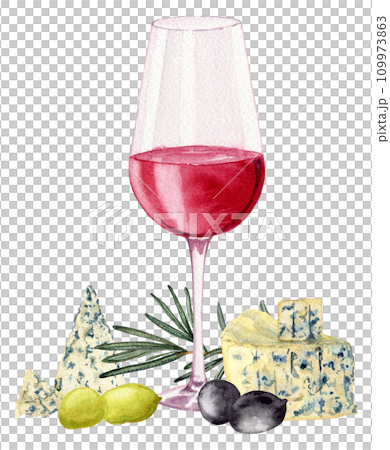 Glass with red wine. Various olives. Rosemary branch. Slices of sausage fuet with white mold. Varieties blue cheese. Clipart. Watercolor, art illustration isolated. For cards, menus, posters. Glass with red wine. Various olives. Rosemary branch. Slices of sausage fuet with white mold. Varieties blue cheese. Clipart. Watercolor, art illustration isolated. For cards, menus, posters. 109973863