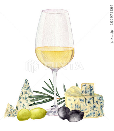 Glass of white wine. Various olives. Rosemary branch. Slices of sausage fuet with white mold. Varieties blue cheese. Clipart. Watercolor, art illustration isolated. For cards, menus, posters. Glass of white wine. Various olives. Rosemary branch. Slices of sausage fuet with white mold. Varieties blue cheese. Clipart. Watercolor, art illustration isolated. For cards, menus, posters. 109973864
