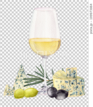 Glass of white wine. Various olives. Rosemary branch. Slices of sausage fuet with white mold. Varieties blue cheese. Clipart. Watercolor, art illustration isolated. For cards, menus, posters. Glass of white wine. Various olives. Rosemary branch. Slices of sausage fuet with white mold. Varieties blue cheese. Clipart. Watercolor, art illustration isolated. For cards, menus, posters. 109973864
