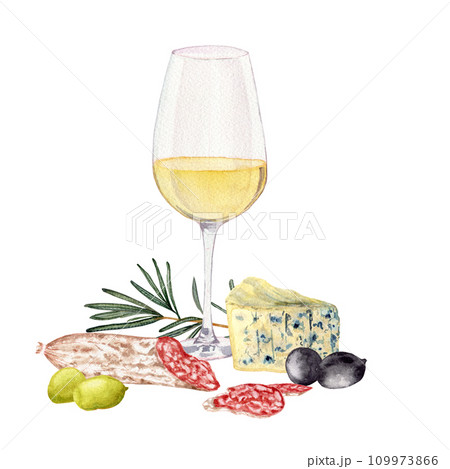 Glass of white wine. Olives. Rosemary. Slices of sausage fuet with white mold. Varieties blue cheese. Clipart. Watercolor, art illustration isolated. For cards, menus, posters. 109973866