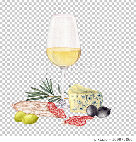 Glass of white wine. Olives. Rosemary. Slices of sausage fuet with white mold. Varieties blue cheese. Clipart. Watercolor, art illustration isolated. For cards, menus, posters. 109973866