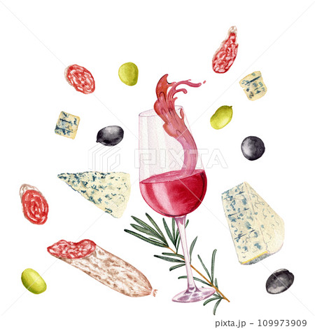 Glass with red wine. Olives. Rosemary. Slices of sausage fuet with white mold. Varieties blue cheese. Clipart. Watercolor, art illustration isolated. For cards, menus, posters 109973909