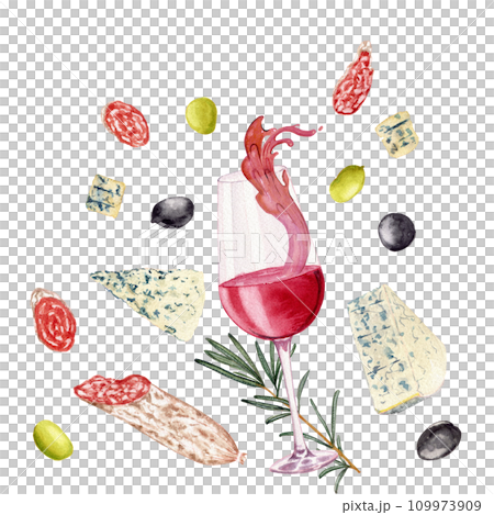 Glass with red wine. Olives. Rosemary. Slices of sausage fuet with white mold. Varieties blue cheese. Clipart. Watercolor, art illustration isolated. For cards, menus, posters 109973909