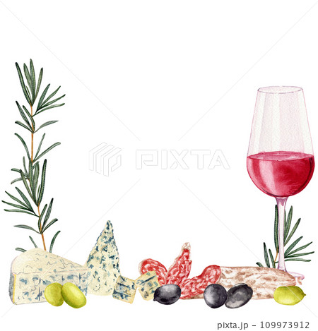 Glass with red wine. Olives. Rosemary. Slices of sausage fuet with white mold. Varieties blue cheese. Clipart. Watercolor, art illustration isolated. For cards, menus, posters. Glass with red wine. Olives. Rosemary. Slices of sausage fuet with white mold. Varieties blue cheese. Clipart. Watercolor, art illustration isolated. For cards, menus, posters. 109973912