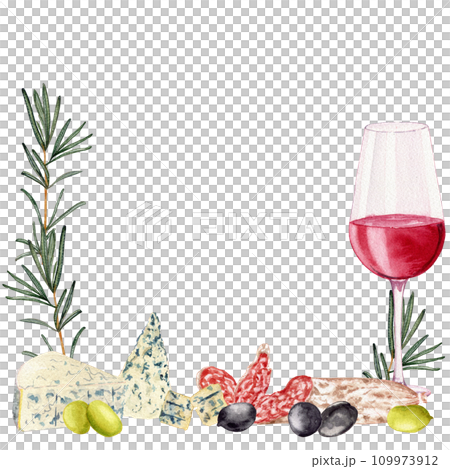 Glass with red wine. Olives. Rosemary. Slices of sausage fuet with white mold. Varieties blue cheese. Clipart. Watercolor, art illustration isolated. For cards, menus, posters. Glass with red wine. Olives. Rosemary. Slices of sausage fuet with white mold. Varieties blue cheese. Clipart. Watercolor, art illustration isolated. For cards, menus, posters. 109973912