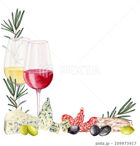 Two glasses with white and red wine. Olives. Rosemary. Slices of sausage fuet with white mold. Varieties blue cheese. Clipart. Watercolor, art illustration isolated. For cards, menus, posters. 109973917