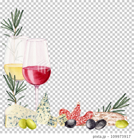 Two glasses with white and red wine. Olives. Rosemary. Slices of sausage fuet with white mold. Varieties blue cheese. Clipart. Watercolor, art illustration isolated. For cards, menus, posters. 109973917