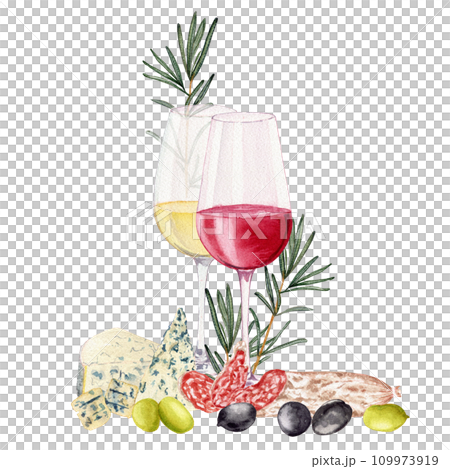 Two glasses with white and red wine. Olives. Rosemary. Slices of sausage fuet with white mold. Varieties blue cheese. Clipart. Watercolor, art illustration isolated. For cards, menus, posters. Two glasses with white and red wine. Olives. Rosemary. Slices of sausage fuet with white mold. Varieties blue cheese. Clipart. Watercolor, art illustration isolated. For cards, menus, posters. 109973919