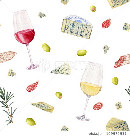 Two glasses with white and red wine. Olives. Rosemary. Slices of sausage fuet with white mold. Varieties blue cheese. Pattern. Clipart. Watercolor, art illustration isolated. For cards, menus, poster 109973951