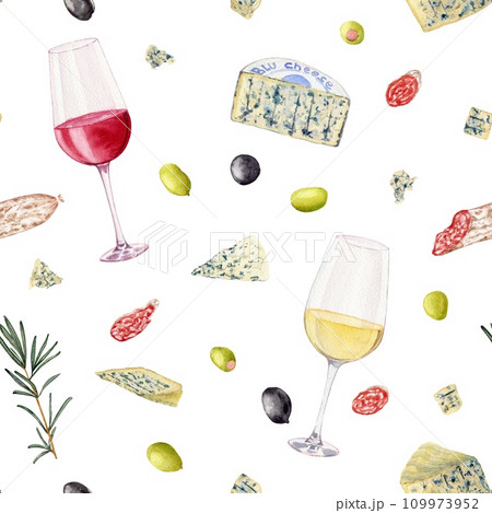 Two glasses with white and red wine. Olives. Rosemary. Slices of sausage fuet with white mold. Varieties blue cheese. Pattern. Clipart. Watercolor, art illustration isolated. For cards, menus, poster 109973952