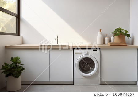 Modern minimal laundry room with with indoor plants and washing machine 109974057