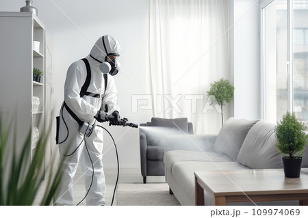 Faceless pest control worker in a protective suit sprays insect poison in a living room Faceless pest control worker in a protective suit sprays insect poison in a living room 109974069