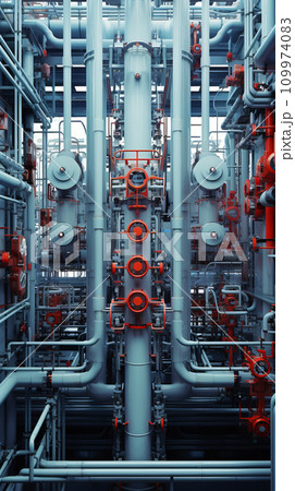 Pipeline and pipe rack of petroleum, chemical, hydrogen or ammonia industrial plant. Industrial zone, vertical format Pipeline and pipe rack of petroleum, chemical, hydrogen or ammonia industrial plant. Industrial zone, vertical format 109974083