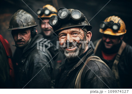 Brutal miners in safety helmets in a mine extract minerals coal Brutal miners in safety helmets in a mine extract minerals coal 109974127