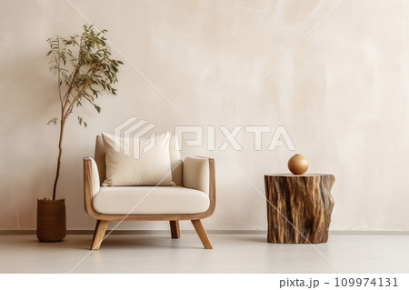 Modern beige Interior with chair and natural solid wood slab table. Empty wall mockup Modern beige Interior with chair and natural solid wood slab table. Empty wall mockup 109974131