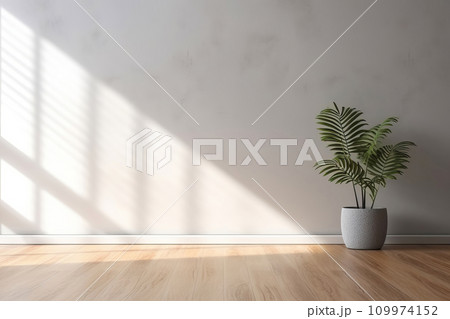 Modern beige Interior with geometrical sunlight, shadows and natural houseplant. Empty wall mockup 109974152