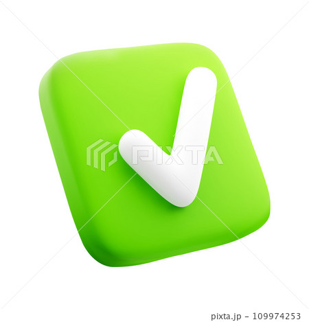 3D Check Mark Box Icon Isolated on White Background. Design Element for Confirmation, Done Task or Approvement Concept. Button for App. Vector Illustration of 3d render in Cartoonish Style. 109974253