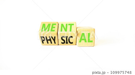 Mental or physical symbol. Concept word Mental or Physical on wooden cubes. Beautiful white table white background. Business lifestyle and mental or physical concept. Copy space. Mental or physical symbol. Concept word Mental or Physical on wooden cubes. Beautiful white table white background. Business lifestyle and mental or physical concept. Copy space. 109975748
