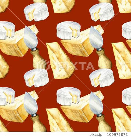 watercolor seamless pattern with vintage knife for cheese, Italian and French cheeses, brie, camembert and parmesan, illustration on purple background watercolor seamless pattern with vintage knife for cheese, Italian and French cheeses, brie, camembert and parmesan, illustration on purple background 109975878