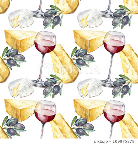 watercolor seamless pattern with wineglass with red wine, brunch of olives and Italian and French cheeses, brie, camembert and parmesan, illustration isolated on white background watercolor seamless pattern with wineglass with red wine, brunch of olives and Italian and French cheeses, brie, camembert and parmesan, illustration isolated on white background 109975879
