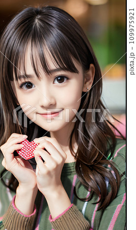 AI画像　カフェでプレゼントを持つ若い女性 109975921