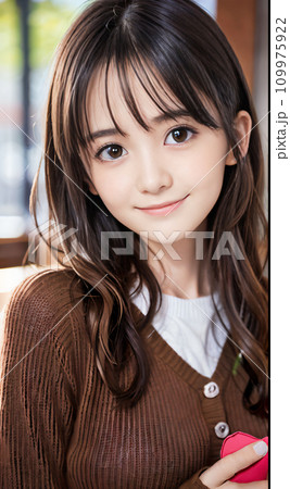 AI画像　カフェでプレゼントを持つ若い女性 109975922