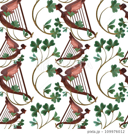 Seamless pattern with symbols of Ireland. Wrapping paper for St. Patrick's Day. Watercolor in vintage style on a white background. 109976012