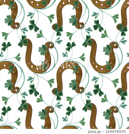 Seamless pattern with symbols of Ireland. Wrapping paper for St. Patrick's Day. Watercolor in vintage style on a white background. Seamless pattern with symbols of Ireland. Wrapping paper for St. Patrick's Day. Watercolor in vintage style on a white background. 109976050