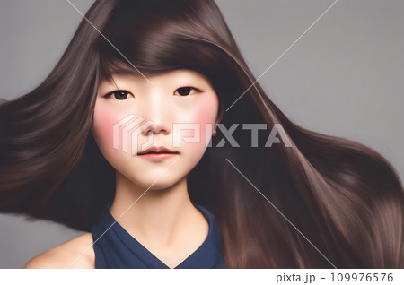 目が一重の素朴な女性　艶やかな髪　AI生成画像 109976576