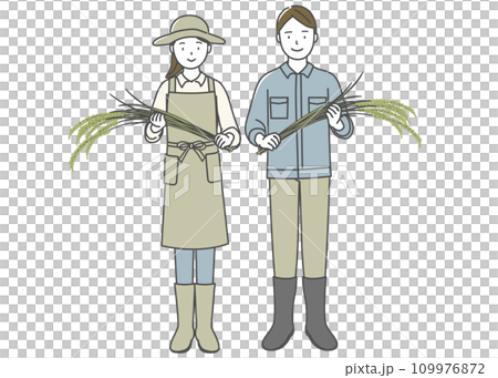 年輕男女手裡拿著收割的稻米 109976872