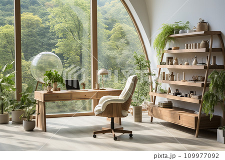 Workspace featuring a spacious, ergonomic desk adorned with minimal decorations to promote a focused and efficient work atmosphere Workspace featuring a spacious, ergonomic desk adorned with minimal decorations to promote a focused and efficient work atmosphere 109977092