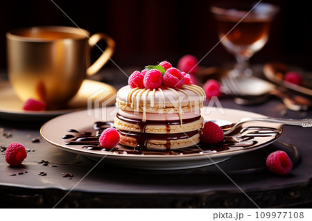 The delightful combination of coffee and a sweet treat, dessert with a steaming cup of coffee The delightful combination of coffee and a sweet treat, dessert with a steaming cup of coffee 109977108