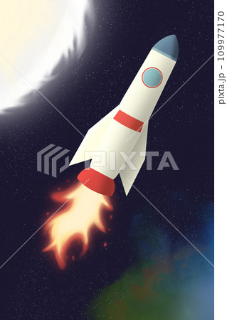 Cartoon white rocket launch into space with fire from turbines. Illustration of a spaceship flying in space against the background of a luminous gas planet and nebula. Cartoon white rocket launch into space with fire from turbines. Illustration of a spaceship flying in space against the background of a luminous gas planet and nebula. 109977170
