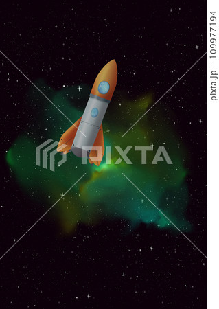A cartoon rocket in space. Spaceship flies against the background of a green cloud of nebulae and dark starry space. Cosmic illustration. A cartoon rocket in space. Spaceship flies against the background of a green cloud of nebulae and dark starry space. Cosmic illustration. 109977194