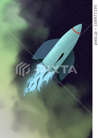 A cartoon blue rocket in space. Spaceship launches with fire from turbines against a fluffy cloud of gas nebulas in endless starry space. Cosmic illustration A cartoon blue rocket in space. Spaceship launches with fire from turbines against a fluffy cloud of gas nebulas in endless starry space. Cosmic illustration 109977195