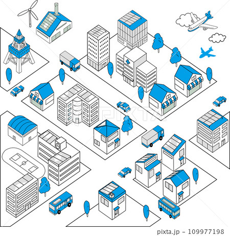 車が走るシンプルな街並みの俯瞰イラスト(青色) 車が走るシンプルな街並みの俯瞰イラスト(青色) 109977198