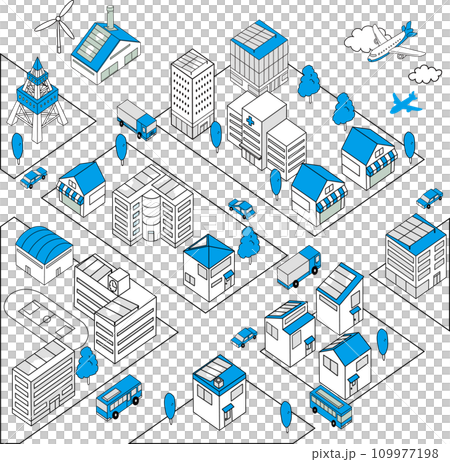 車が走るシンプルな街並みの俯瞰イラスト(青色) 車が走るシンプルな街並みの俯瞰イラスト(青色) 109977198