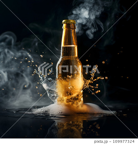Beer bottle with splashes on a dark background Beer bottle with splashes on a dark background 109977324