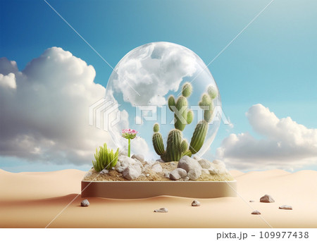 Miniature cactus cozy toy small world on blue background Miniature cactus cozy toy small world on blue background 109977438